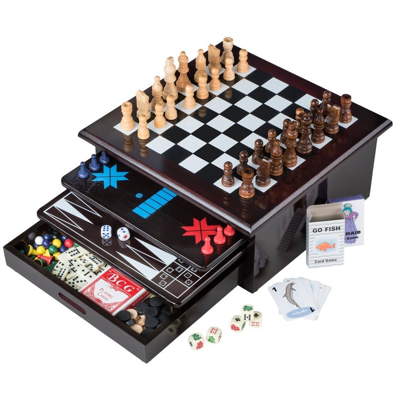 Etna Board Game Set - Deluxe 15 in 1 Tabletop Wood-accented Game Center with Storage Drawer (Checkers, Chess, Chinese Checkers, Parcheesi, TicTacToe, SOlitaire, Snakes and Ladders, Mancala, Backgammon, Poker Dice, Playing Cards, Go Fish, Old Maid, and Dominos) - Image 1